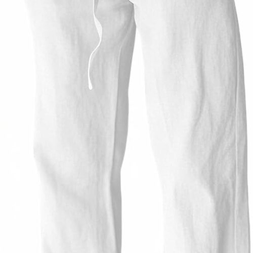 Men’s cotton linen pants, elastic waist drawstring, lightweight, wide leg loose design.