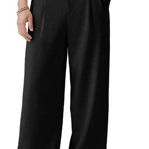 Men’s casual pants, loose fit, pleated wide leg, stretch waist, zip fly.