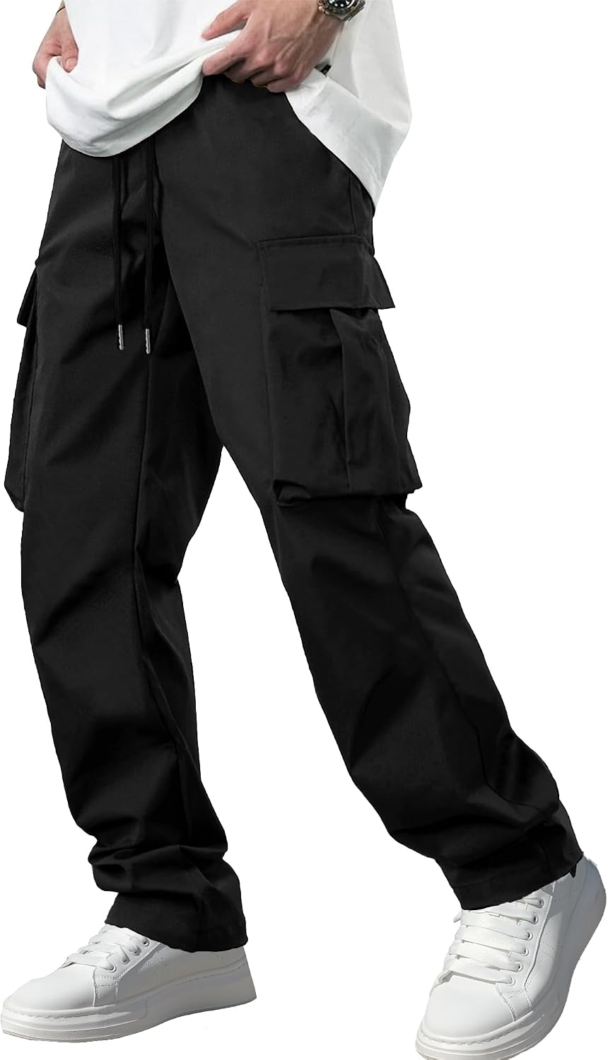 Men's cargo pants, tactical, durable, stretch, drawstring elastic waist.