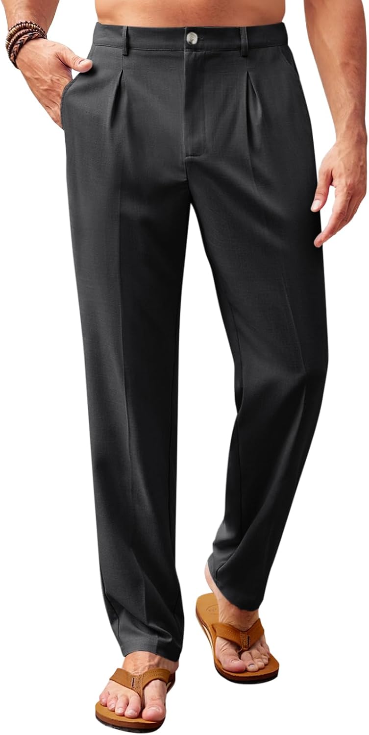 Men's casual pants, elastic waist, lightweight, loose pleated, summer beach style.