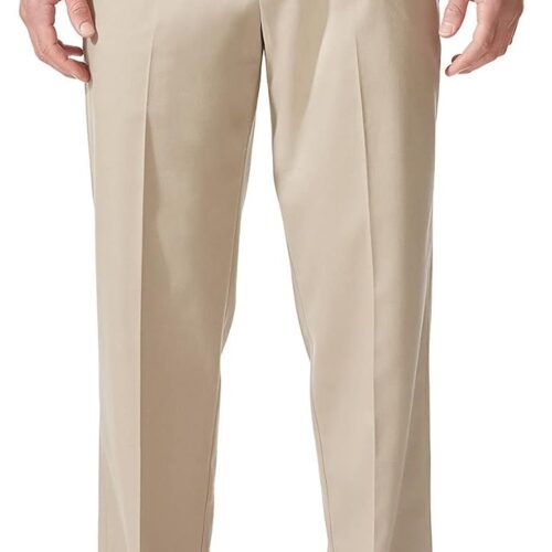 Men’s stretch khaki pants, relaxed fit, flat-front.