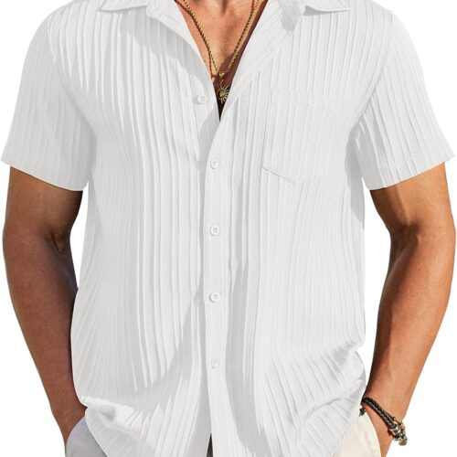 Textured Short Sleeve Casual Button Down Shirt with Pocket