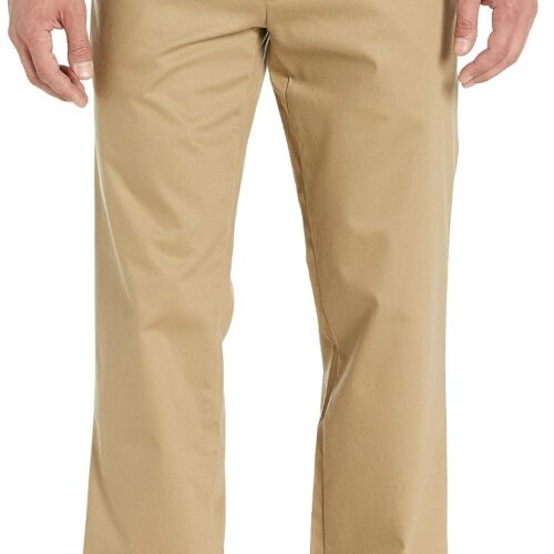 Men’s straight fit khaki pants, stretch cotton.