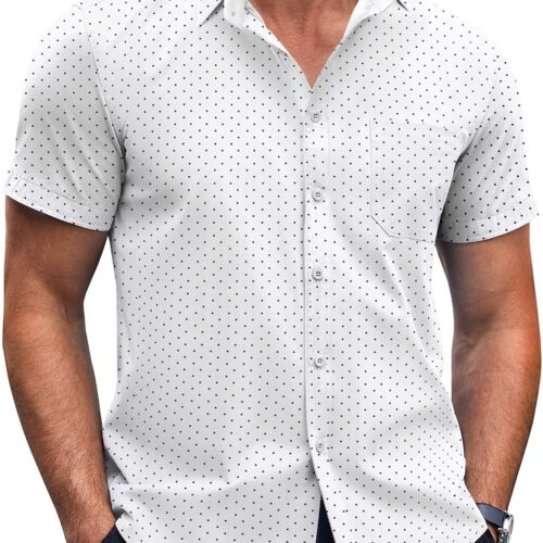 Short Sleeve Wrinkle Free Polka Dot Print Shirt with Pocket